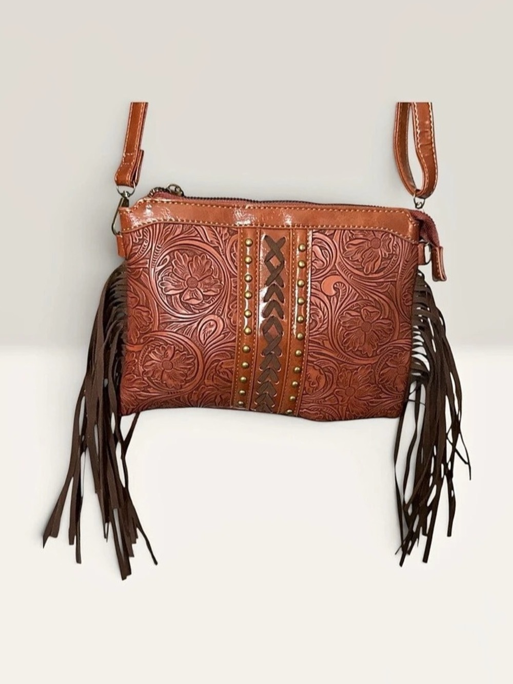 Catherine Malandrino Western Floral Studded Tooled Crossbody Bag Brown & Black